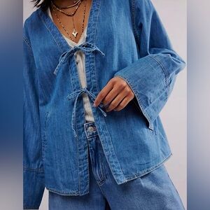 Tie Bow Front Denim Chambray Jacket